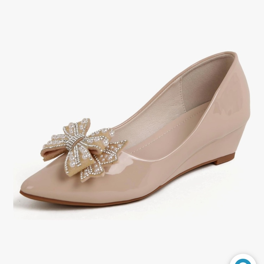 Elegant Nude Wedge Heels with Pearl Bow.